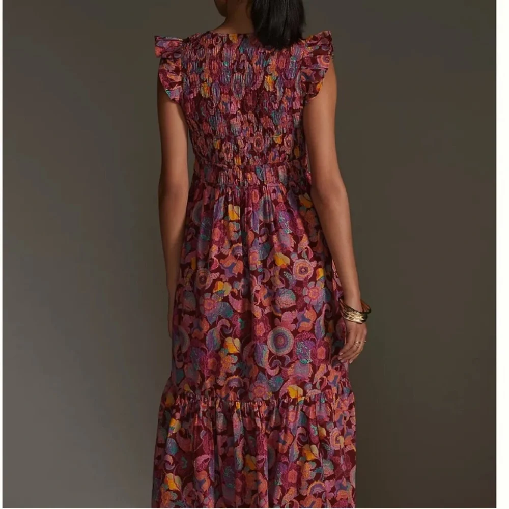 NWOT Anthropologie Peregrine mixed print burgundy smocked maxi dress - Picture 2 of 11